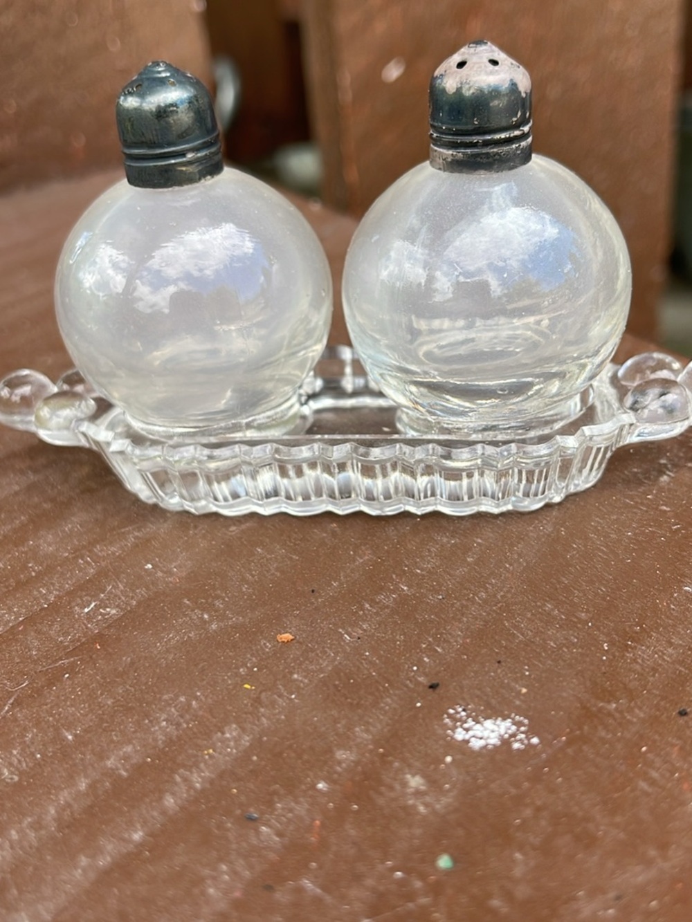 Clear vintage Glass Round Salt and Pepper Shaker Set with Tray